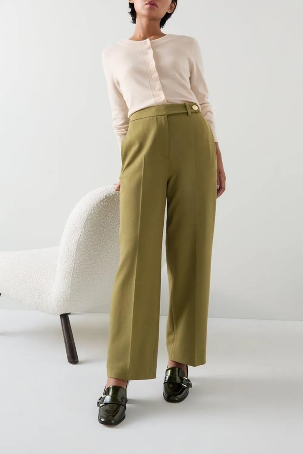 Olive Green High Waist Straight Leg Trousers
