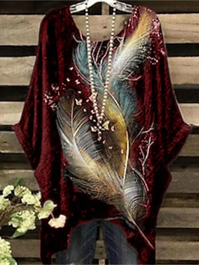 Women's Plus Size Shirt Blouse Black Wine Dark Blue Feathers Print 3/4 Length Sleeve Daily Weekend Vintage Holiday Casual Crew Neck Oversized Dolman Sleeve Summer Spring Fall