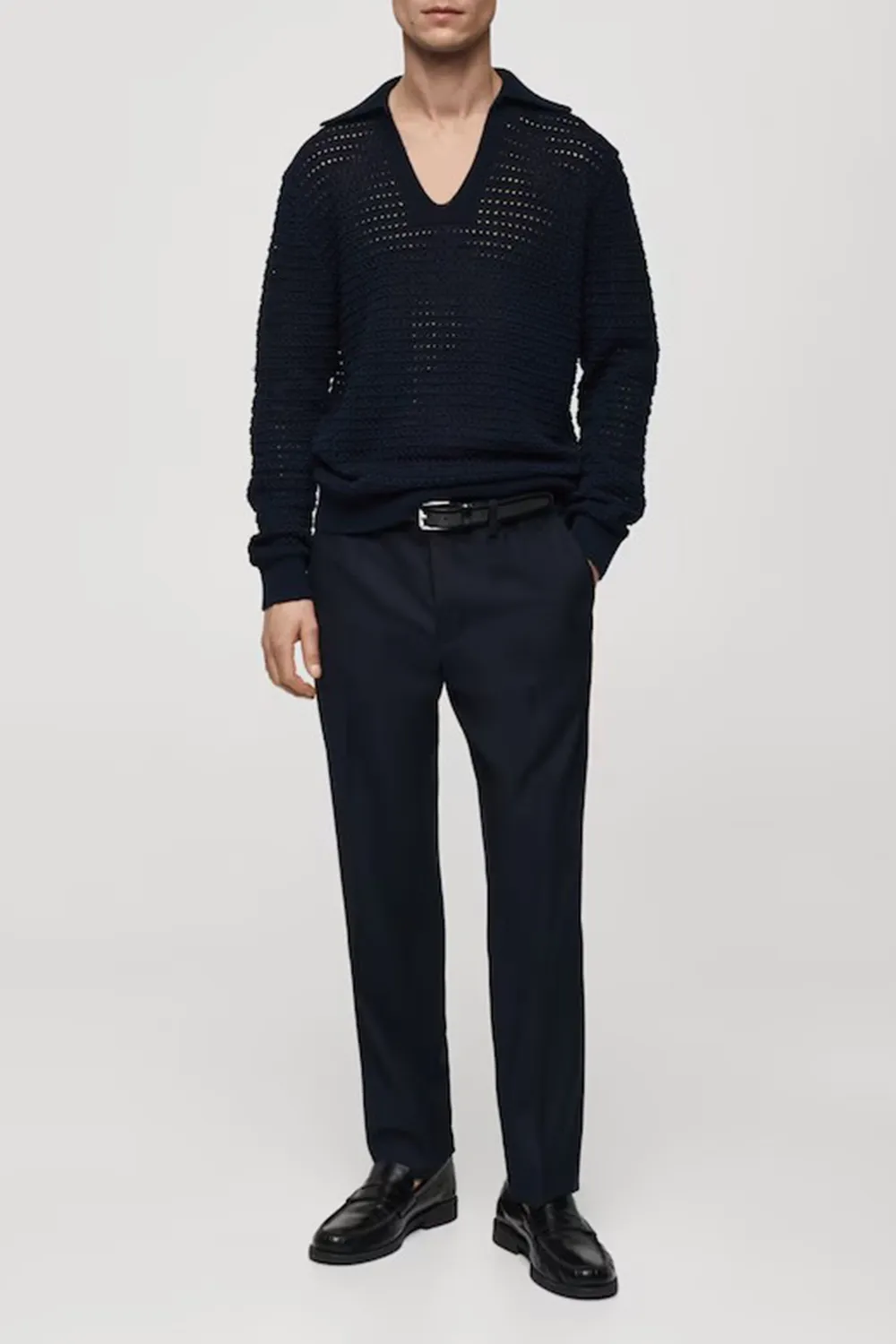 Openwork Knit Polo Neck Sweater