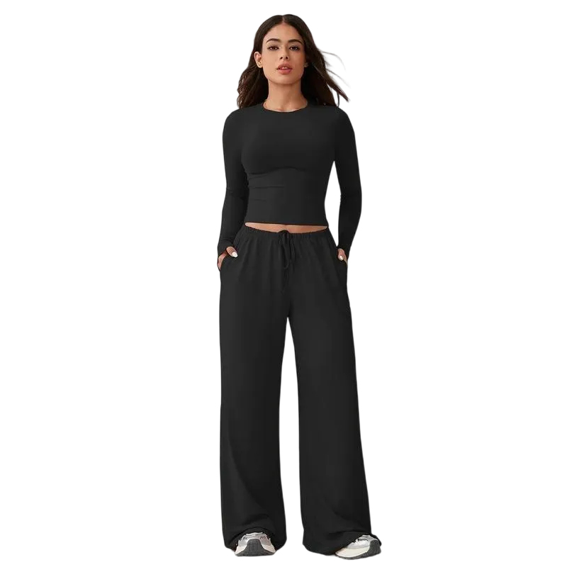 Women's two-piece tracksuit set, long-sleeved crop top and wide-leg pants