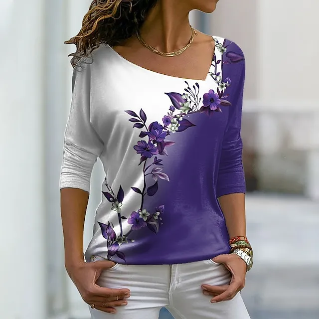 Women's Plus Size T shirt Tee Pink Blue Purple Graphic Floral Print Long Sleeve Casual Weekend Daily V Neck Regular Fit Floral Painting Fall & Winter