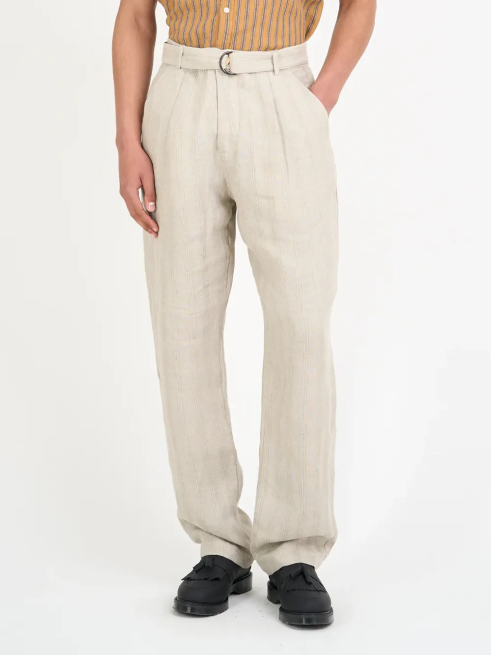 Sand Straight-Leg Belted Linen Trousers
