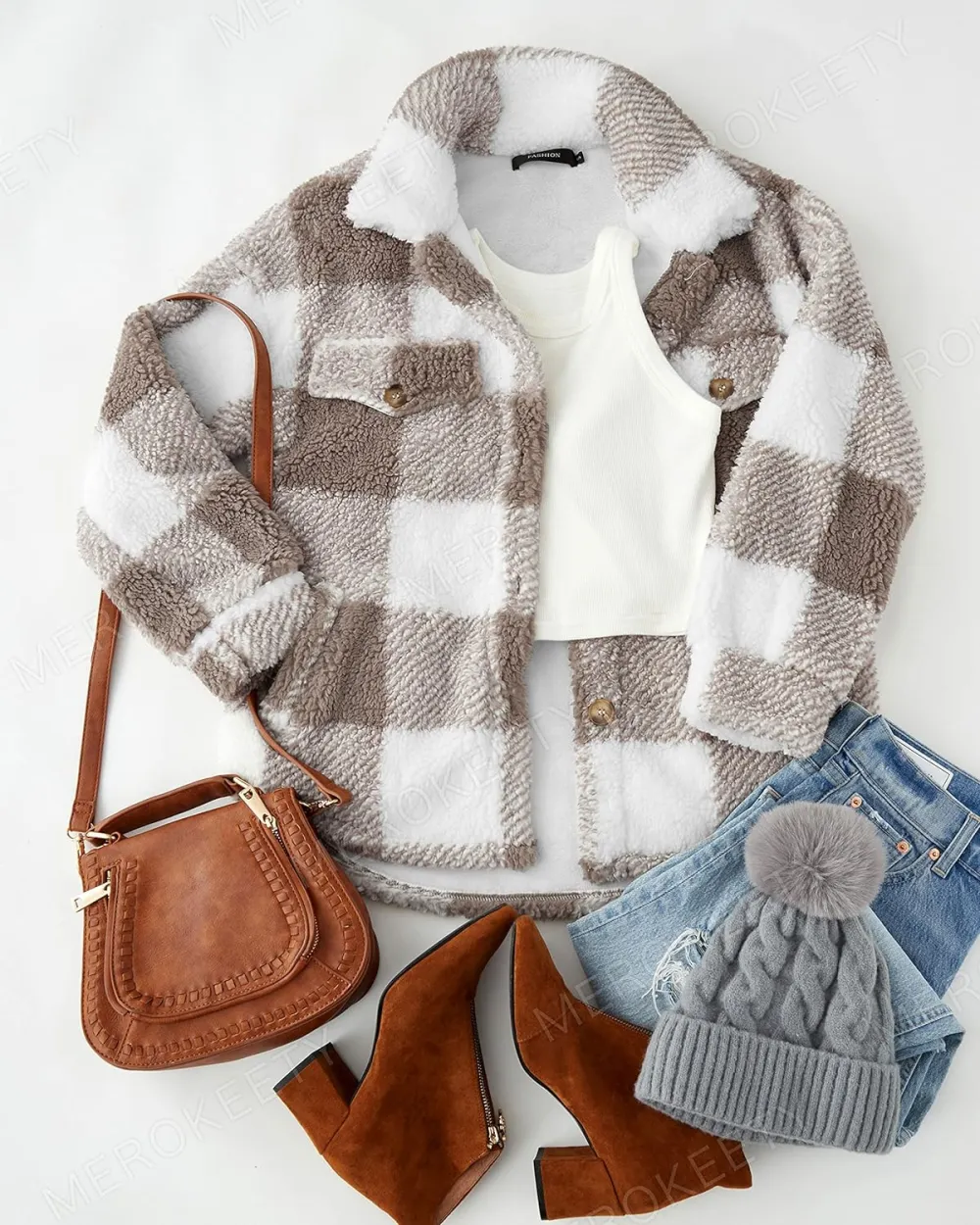 Women's Fleece Plaid Jacket Coats Button Down Lapel Sherpa Shacket Outwear with Pockets