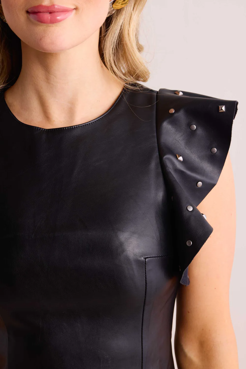 Black Faux Leather Ruffled Hem Sleeveless Dress