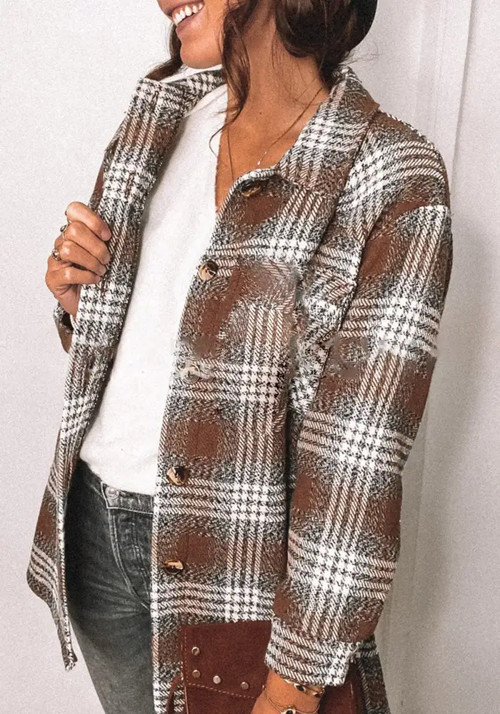 Mitbloom Fashion Lapel Loose Plaid Jacket Tops