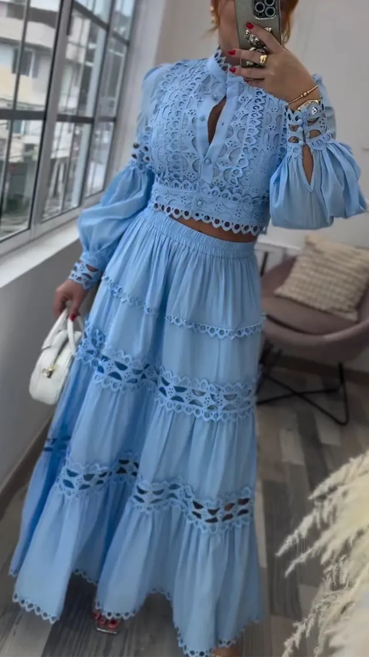 Women's Round Neck Lantern Sleeves Spliced ​​hollow Quality Suit