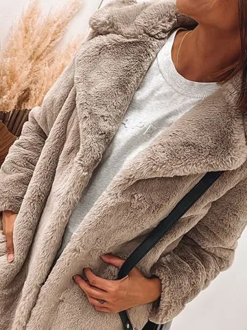 Casual Plain Shawl Collar Long sleeve Loose Teddy Jacket