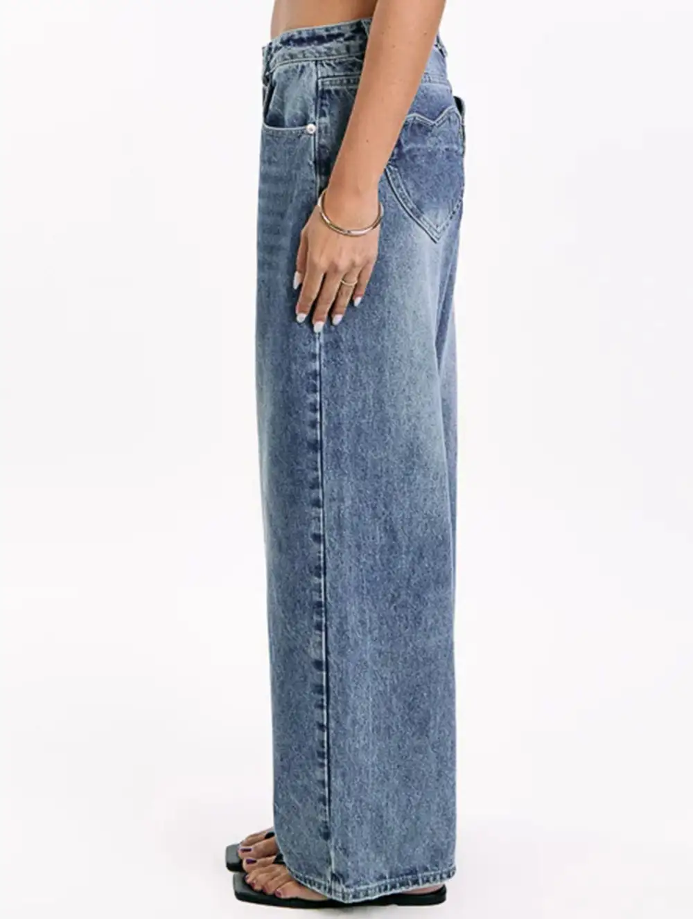 Retro Washed Heart Patterned Wide-Leg Jeans
