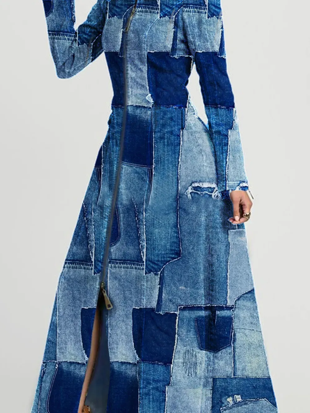 Ursime Denim Patchwork Raw Edge Zipper Long Sleeve Maxi Dress