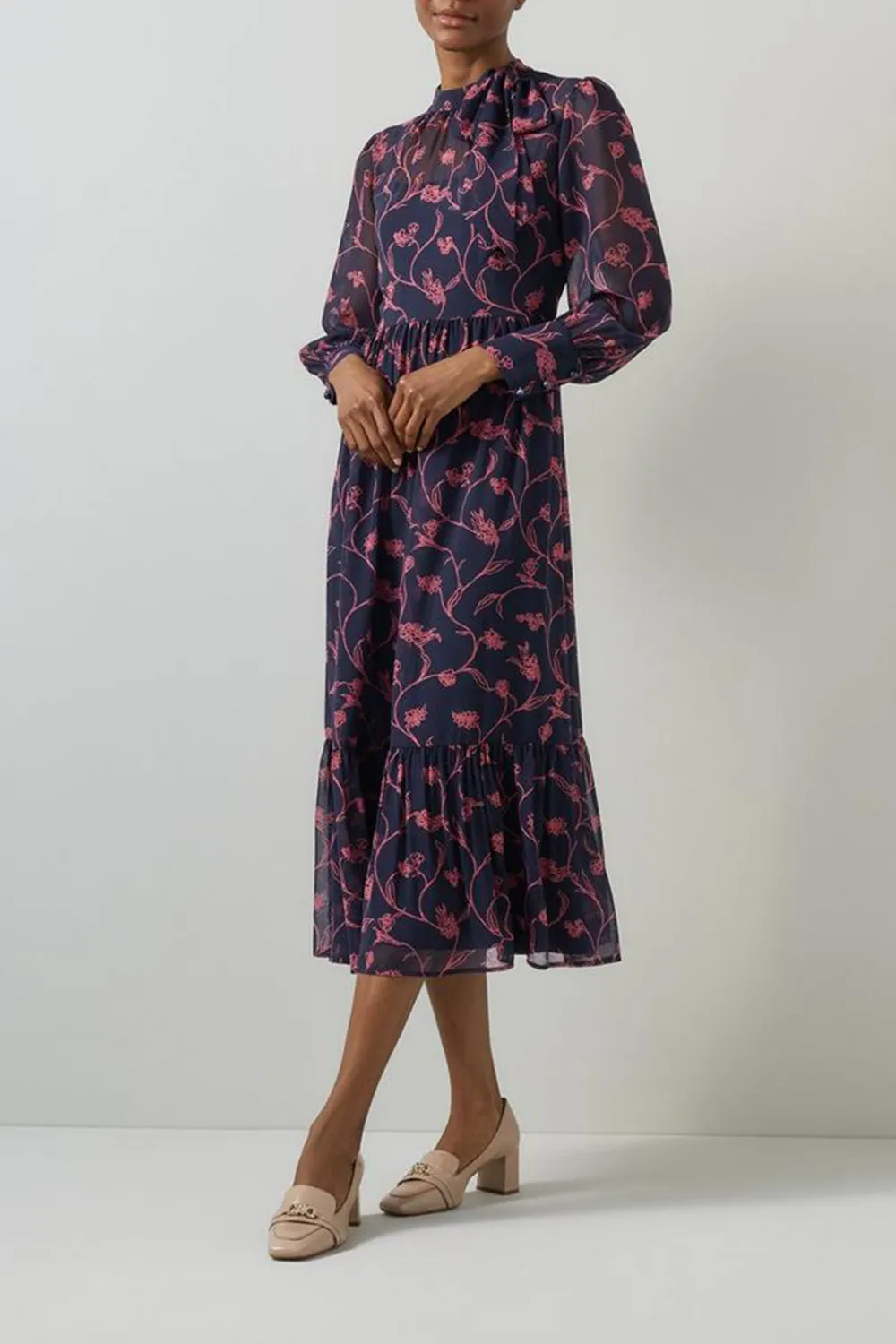 Navy Blue Floral Print Long Sleeve Midi Dress