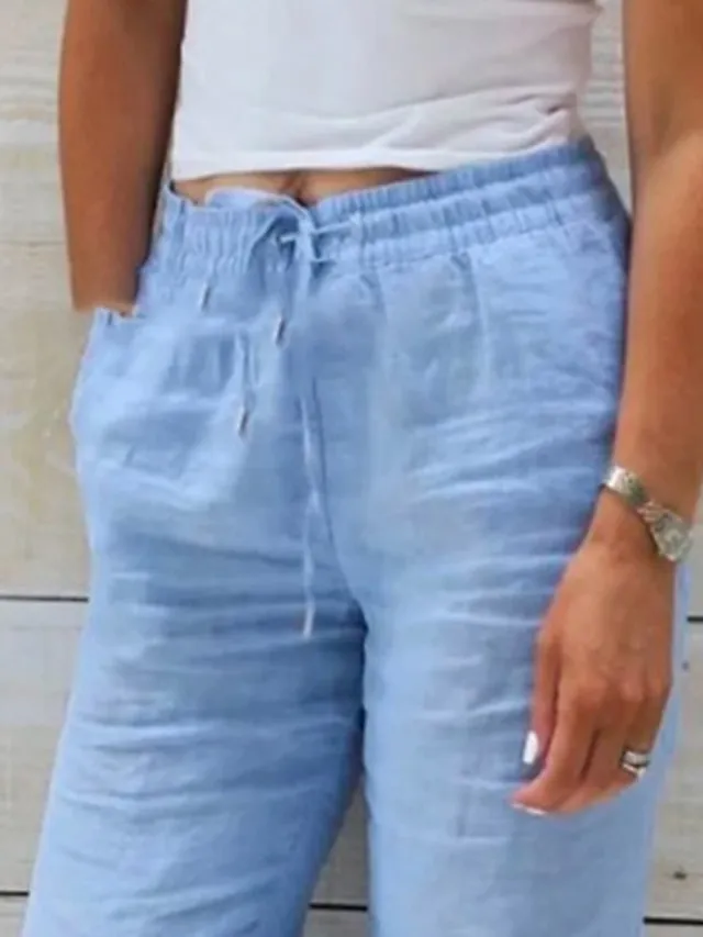Women's Loungewear Pants Pure Color Simple Basic Casual Home Daily Vacation Cotton Breathable Pant Pocket Elastic Waist Summer Spring Blue