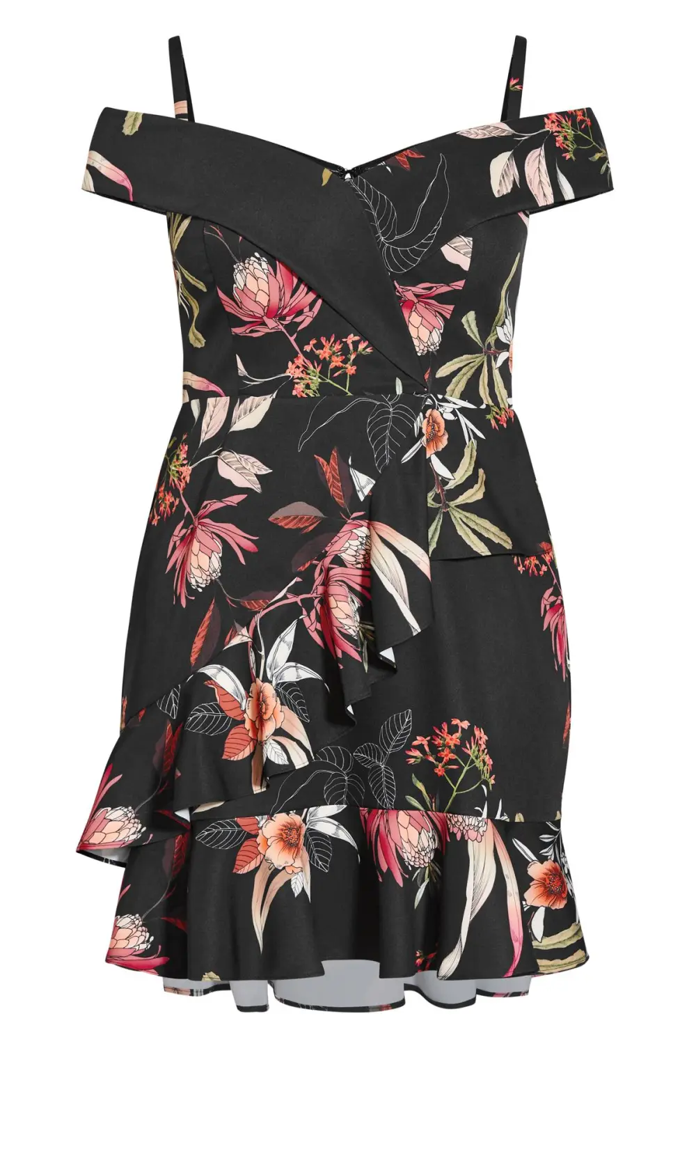 Evans Black Floral Cold Shoulder Wrap Mini Dress