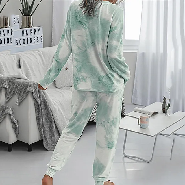 Women's Loungewear Sets Tracksuits 2 Pieces Tie Dye Sport Simple Casual Home Street Airport Polyester Crew Neck Long Sleeve Pullover Pant Elastic Waist Winter Fall Green Blue