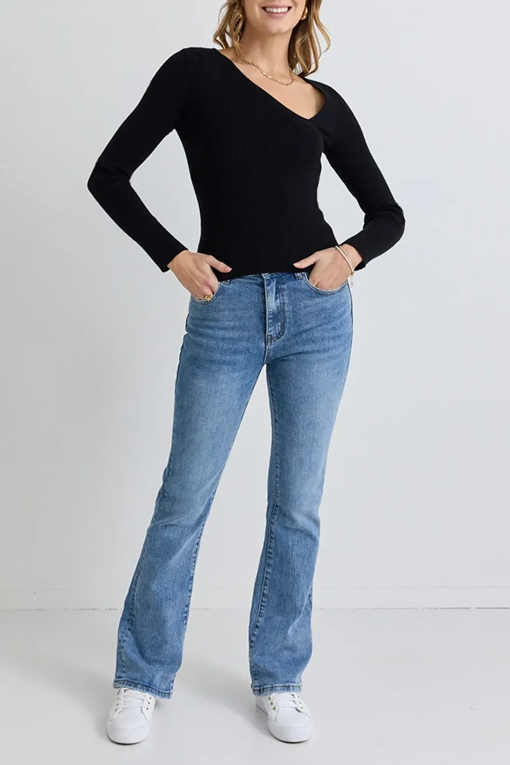 Black Slash Neck Long - Sleeve Rib Top