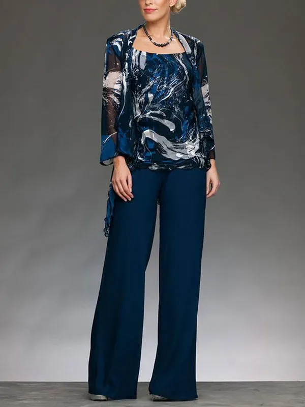 Elegant lady's three-piece suit with printed cardigan