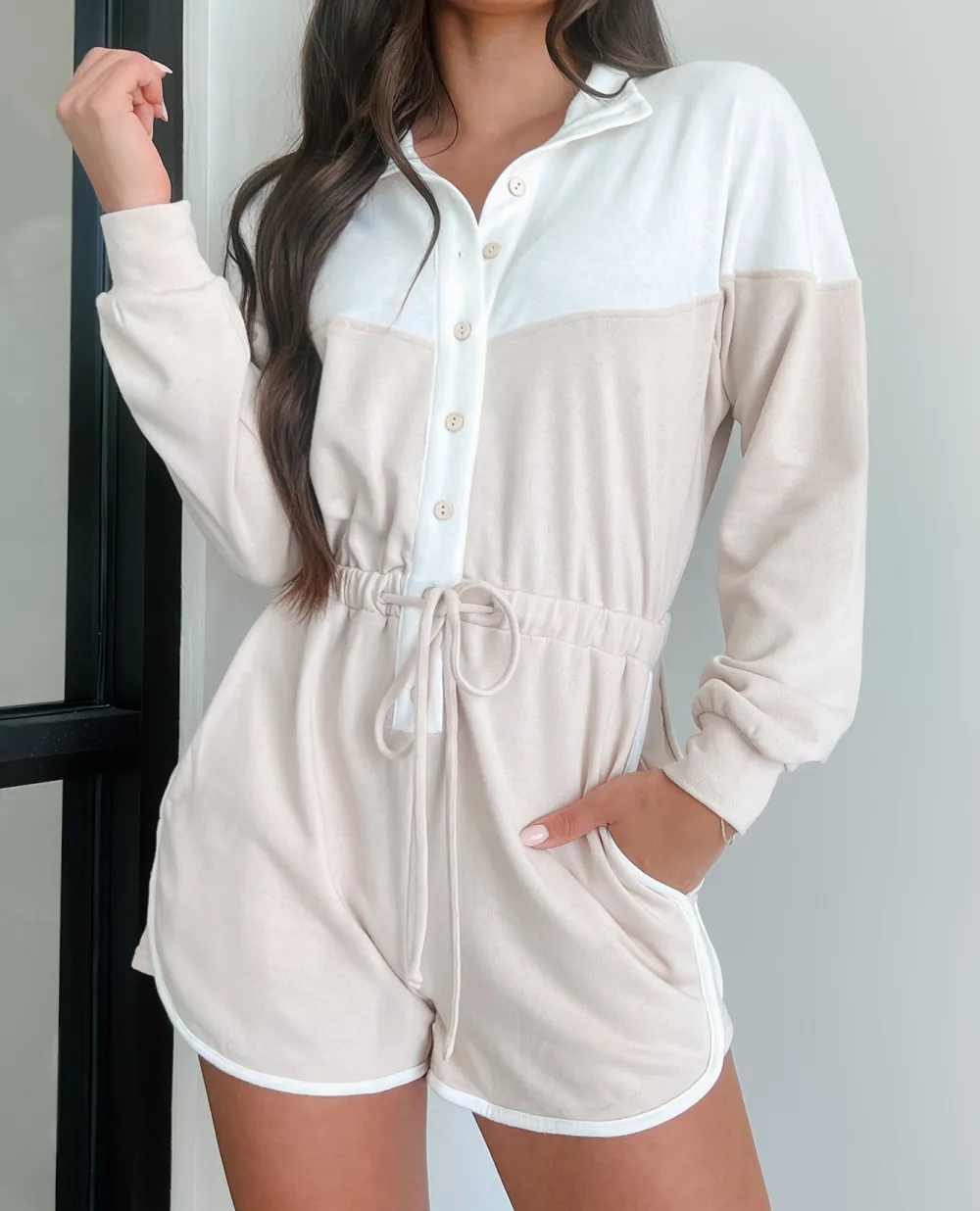 Button-Front Long Sleeve Romper