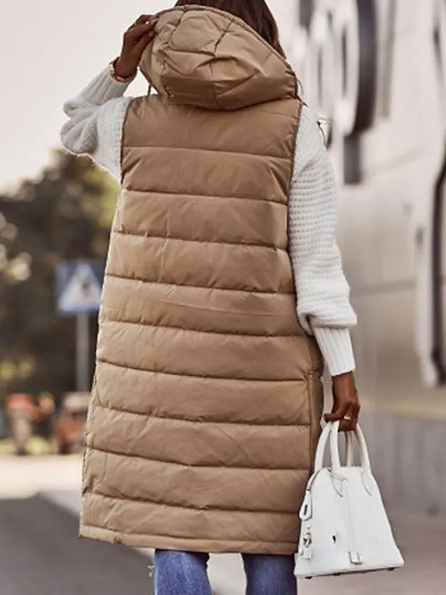 Women's Winter Jacket Long Puffer Vest Fall Maillard Outdoor Street Daily Winter Fall Long Coat Regular Fit Windproof Warm Casual Jacket Sleeveless Solid Color Khaki Red White
