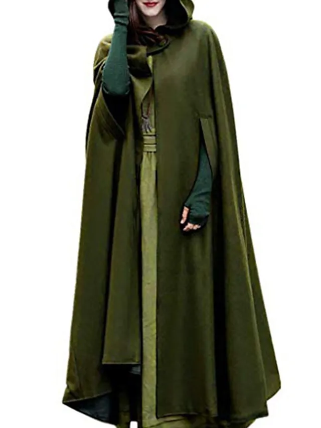 Women's Winter Coat Cloak / Halloween Xmas Capes Long Layered Coat Warm Windproof Overcoat Fall Single Breasted Hooded Coat Green Black Blue Gray Christmas Crewneck S M L XL / Winter