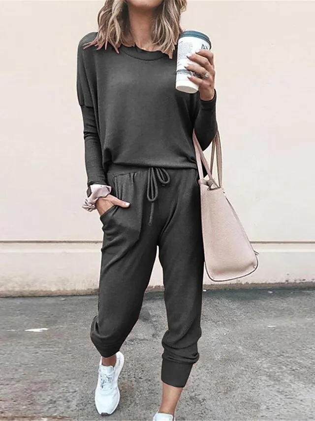 Women's Lounge Sets Crew Neck Long Sleeve Shirt and Elastic Waist Pants with Pockets Pure Color Fashion Casual Soft Home Daily Bed Polyester Breathable Summer Autumn Black Pink