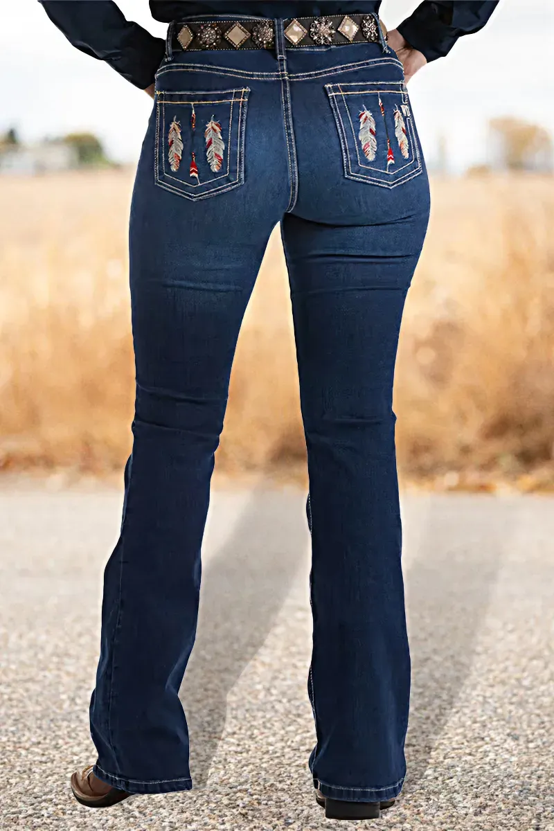 Feather Embroidery Mid Rise Bootcut Jeans