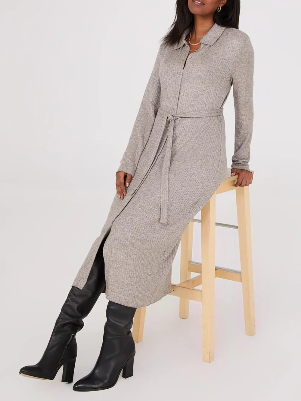 Ribbed Melange Button-Front Midi Dress