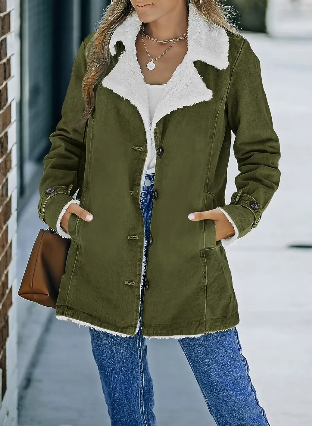 Womens Winter Warm Jean Jacket Stand Collar Wool Liner Sherpa Denim Coats Thicker Outerwear with Pockets