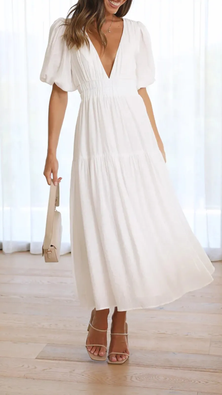 Solid Color Puffy Midi Dress