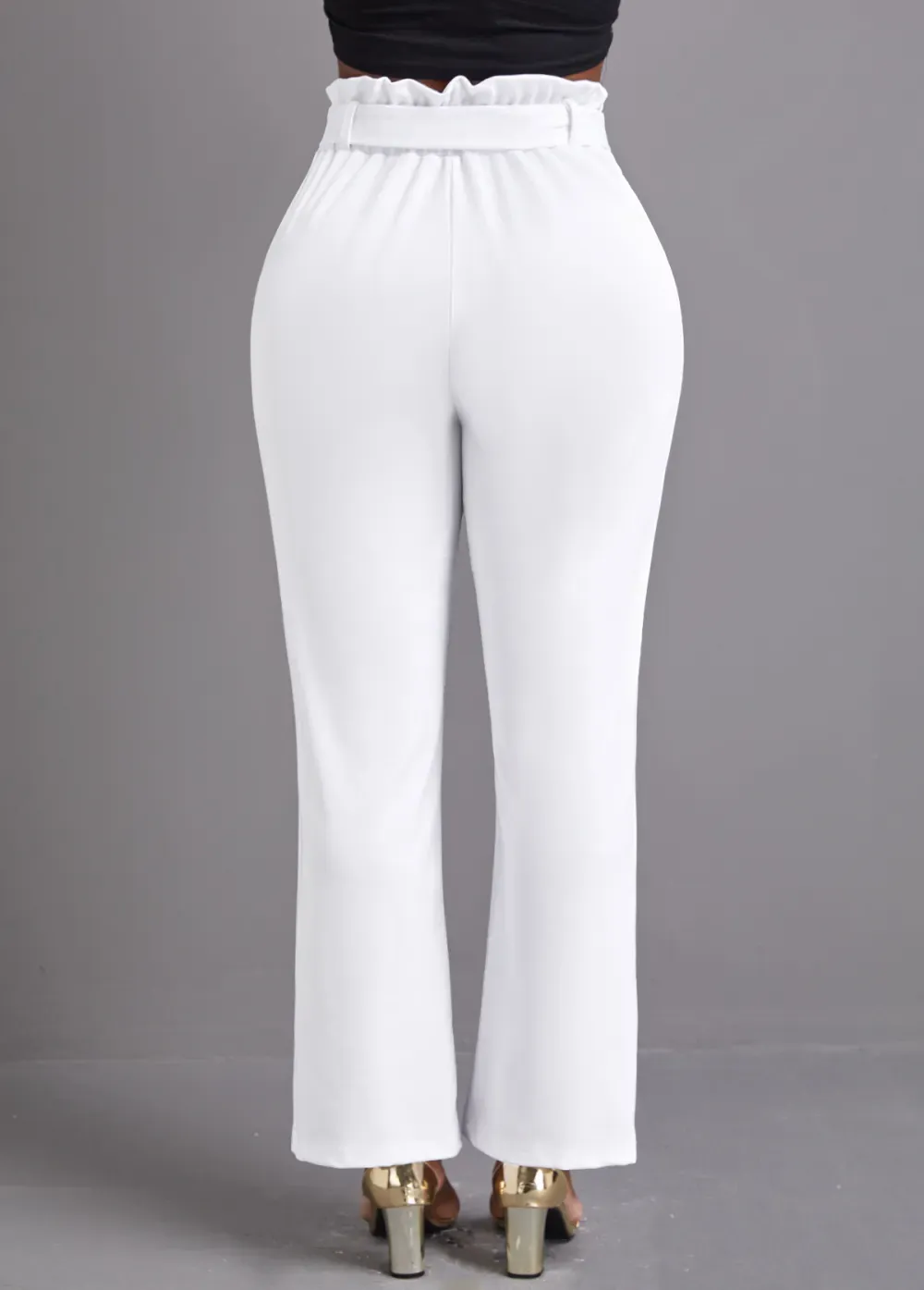 White Pocket Belted Zipper Fly High Waisted Pants