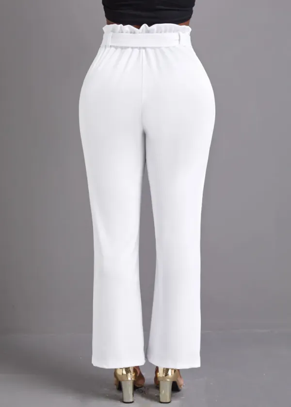 White Pocket Belted Zipper Fly High Waisted Pants