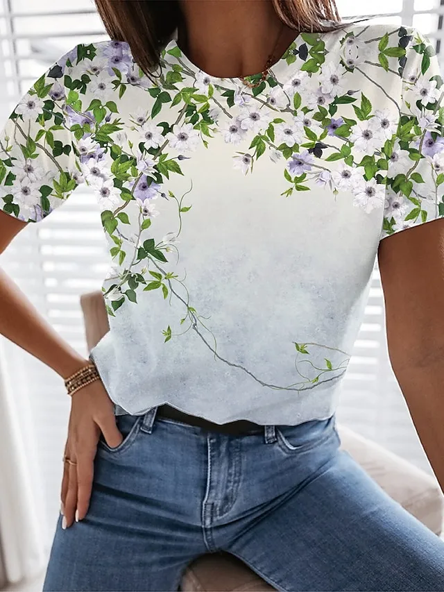 Women's T shirt Tee Floral Bird White Pink Green Print Short Sleeve Casual Daily Vacation Vacation Daily Basic Round Neck Regular Fit