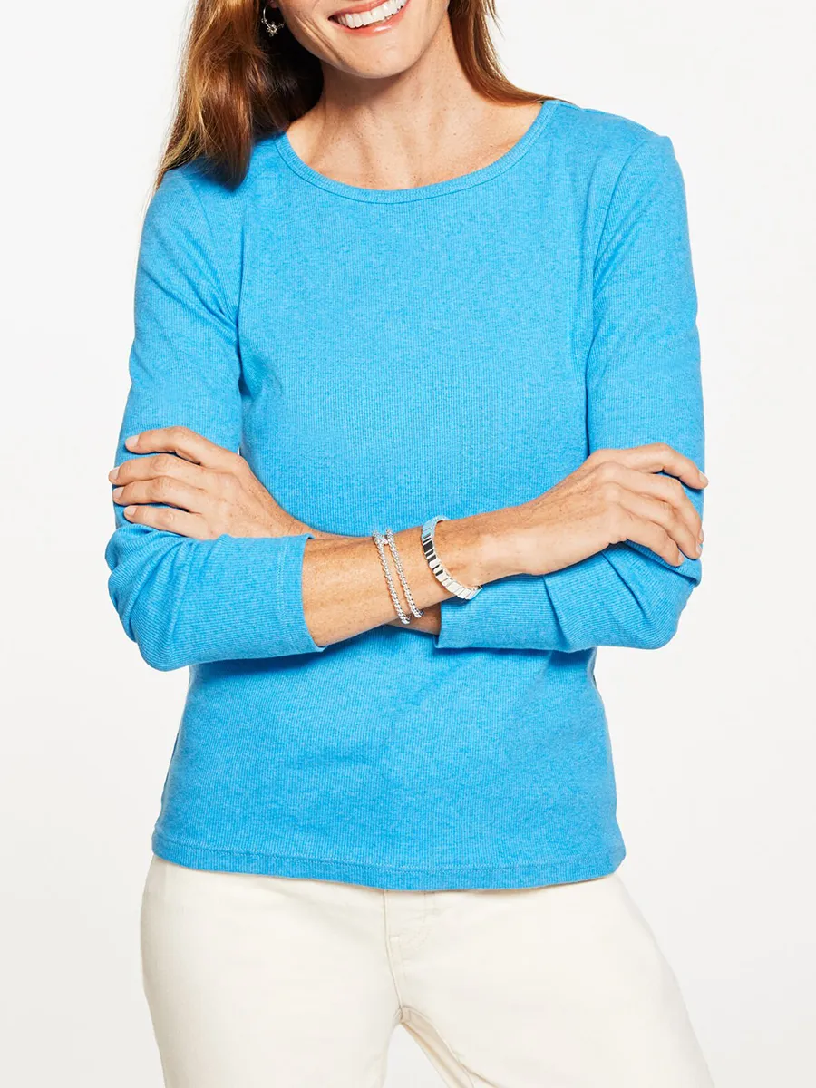 Lady Modern Ribbed Woven Texture Round Neck Long Sleeve T-Shirt