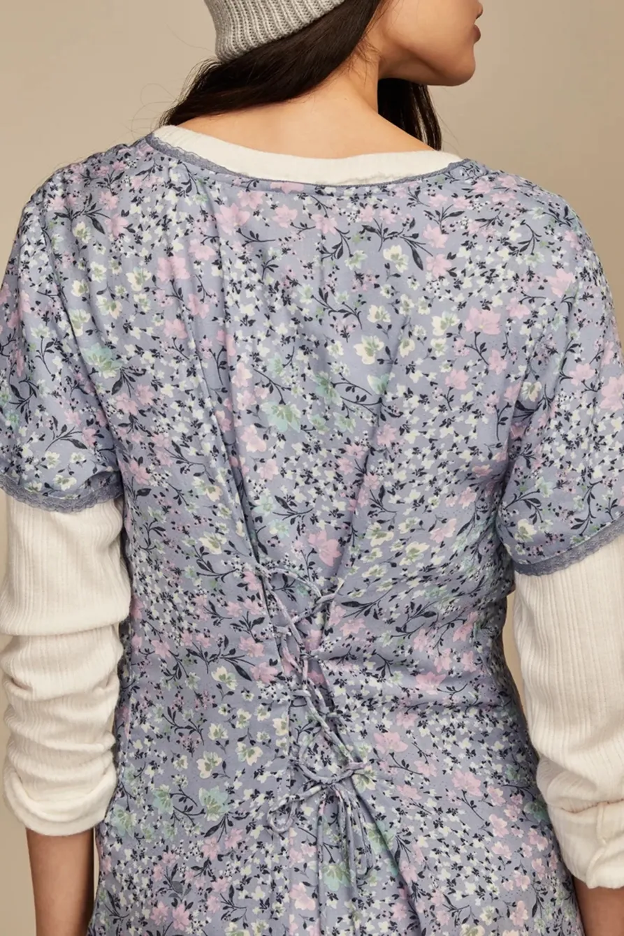 Blue Multi Lace Trimmed Button Front Midi Dress