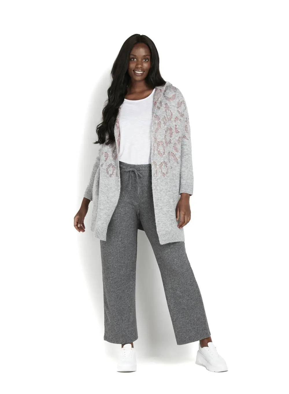 Evans Grey & Pink Leopard Print Hooded Cardigan