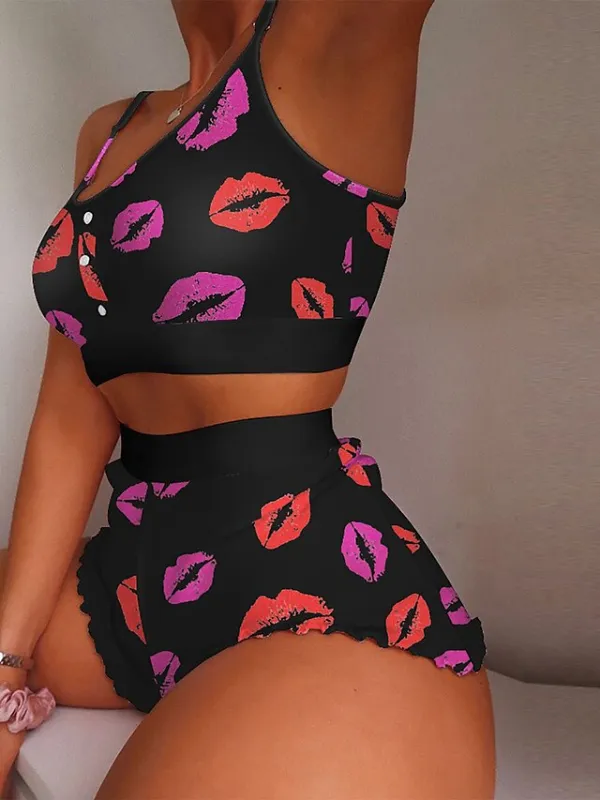 Women's Pajamas Sets Nighty Pjs 2 Pieces Fruit Lip Hot Soft Sweet Valentine's Day Gyms Polyester Crew Neck Crop Top Shorts Spring Summer Pink White / Sexy