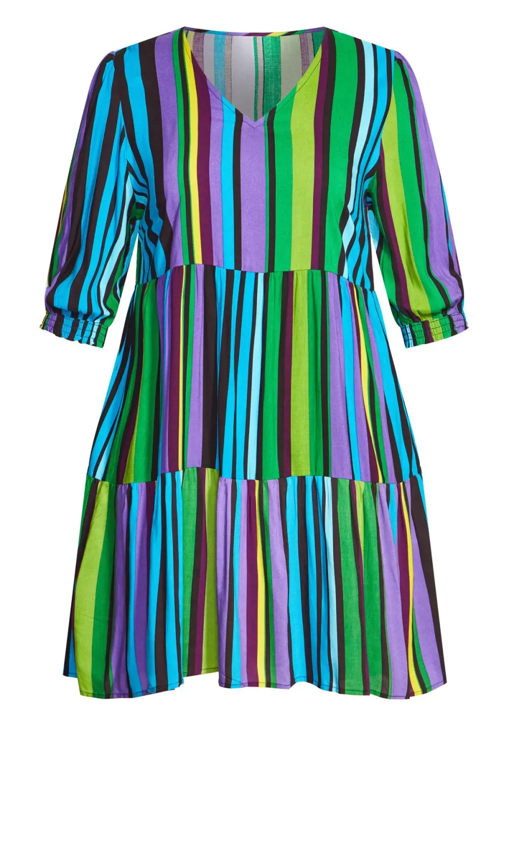 Evans Black & Green Striped Tiered Smock Dress