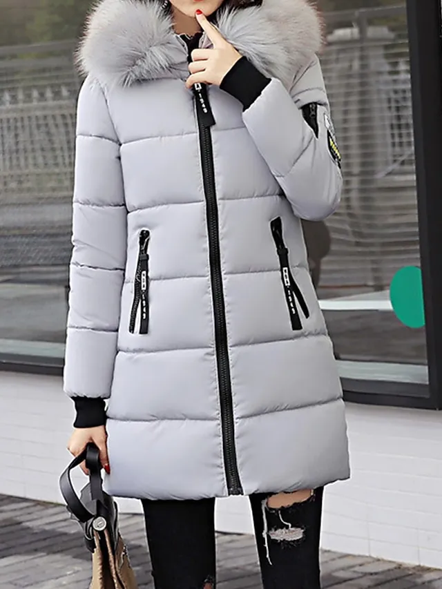 Women's Parka Long Puffer Jacket Thicken Winter Coat with Fur Collar Hood Fall Windproof Warm Overcoat with Pockets Stylish Contemporary Casual Jacket Long Sleeve Full Zip Black White Light Green