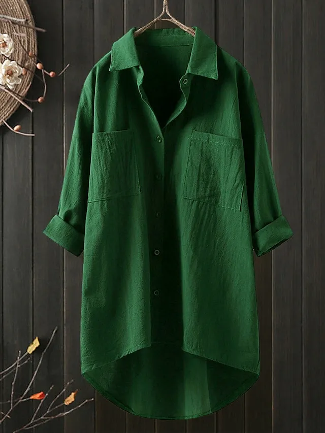 Women's Shirt Blouse Cotton Black White Blue Solid Color Button Pocket 3/4 Length Sleeve Work Daily Streetwear Daily Basic Shirt Collar Regular Fit Spring Fall Fall & Winter