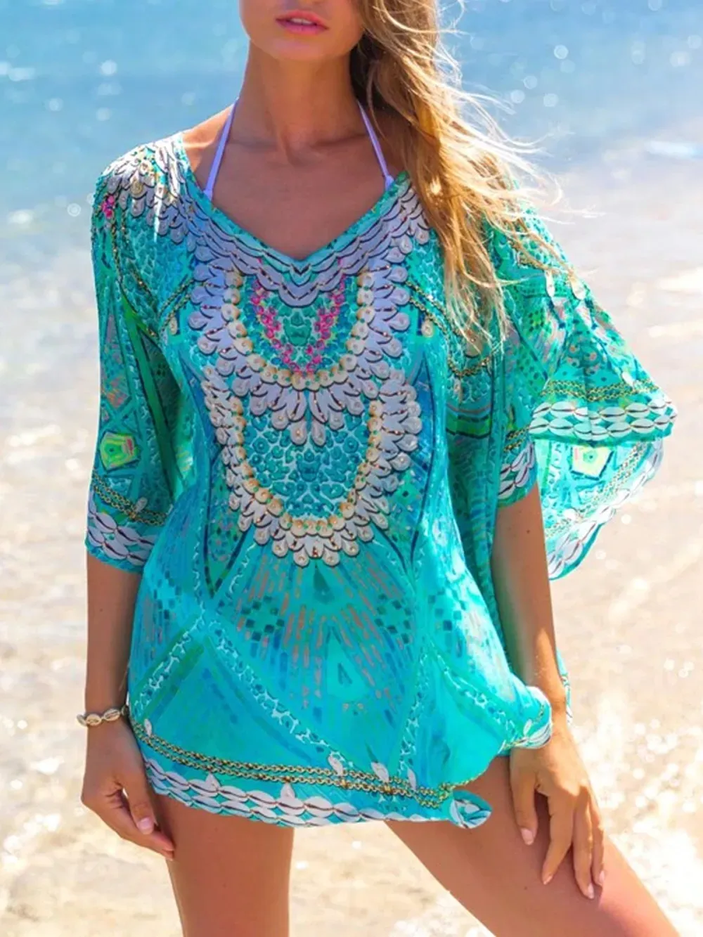 Folk pattern holiday elegant shell print loose Pullover Top plus size