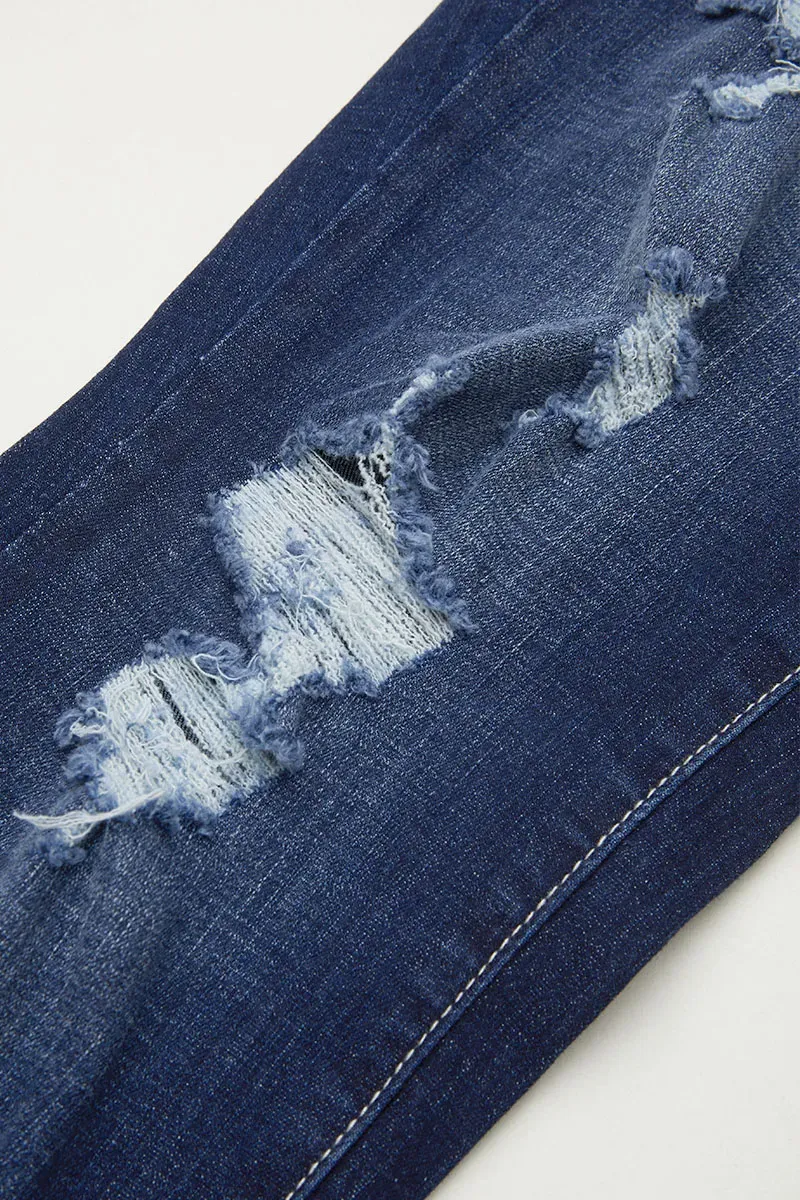 Multi Button Distressed Roll Up Hem Mid Waist Skinny Jeans