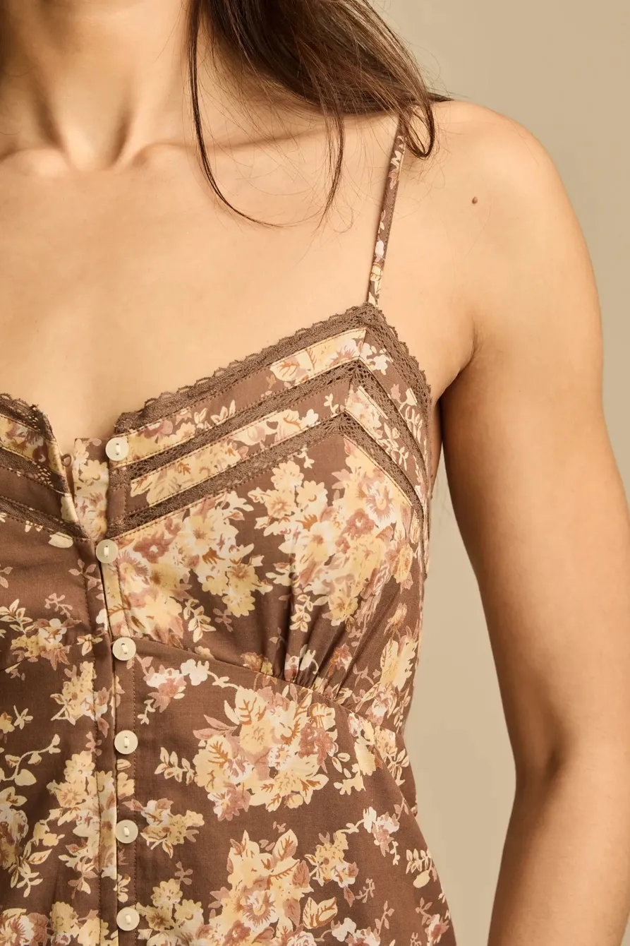 Brown Floral Lace Trimmed Slip Dress