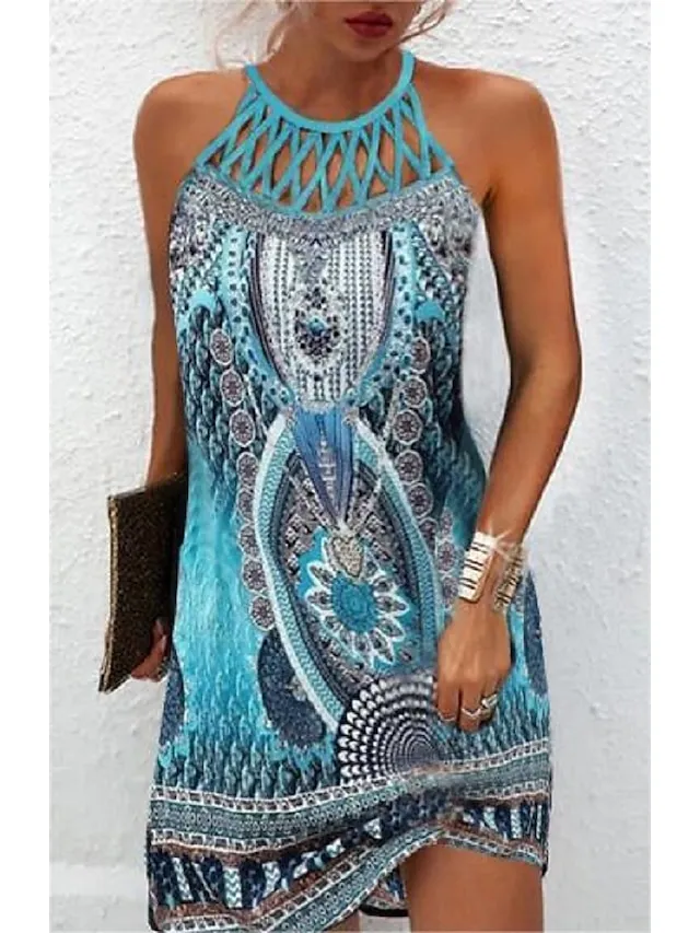 Women's Casual Dress Mini Dress Blue Sleeveless Print Print Spring Summer Halter Casual 2023 S M L XL XXL 3XL