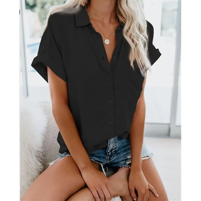 Women's Shirt Blouse Black White Yellow Plain Short Sleeve Work Basic Business Elegant Shirt Collar Regular S