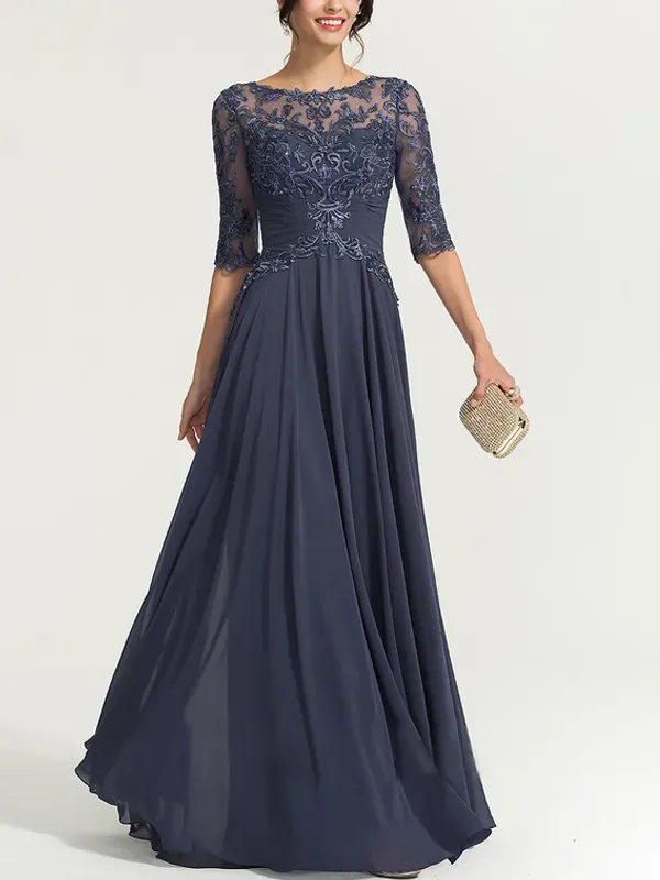 Round neck and floor-length chiffon sequined evening dress
