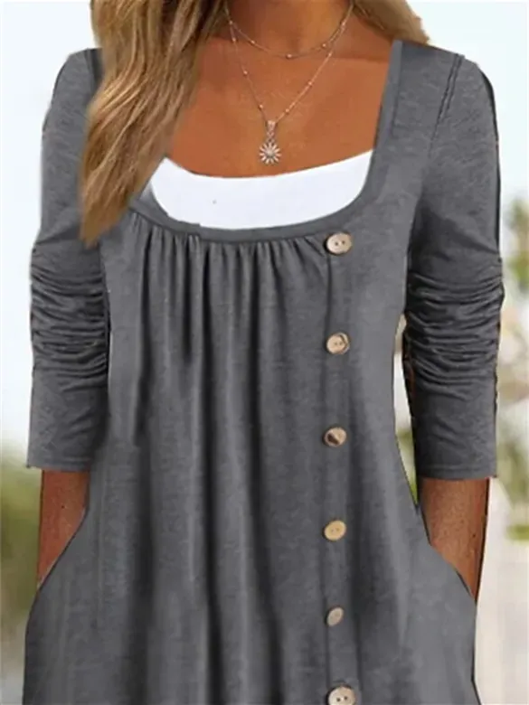 Women's Long Sleeve U-neck Button Midi Dress