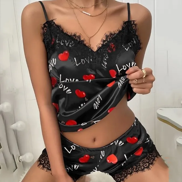 Women's Pajamas Sets Nighty Pjs 2 Pieces Heart Letter Gothic Fashion Hot Home Bed Satin Breathable Gift V Wire Sleeveless Strap Top Shorts Elastic Waist Spring Summer Pink Red / Silk