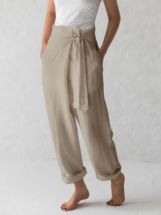 Women's Wide Leg Linen Pants Slacks Full Length Faux Linen Baggy High Waist Yoga Chino Black Dark Blue S M