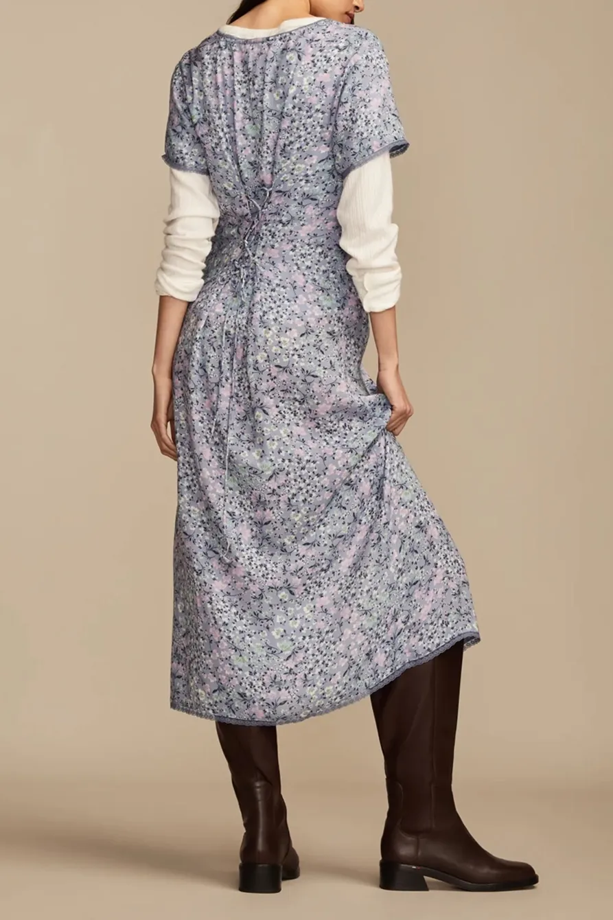 Blue Multi Lace Trimmed Button Front Midi Dress