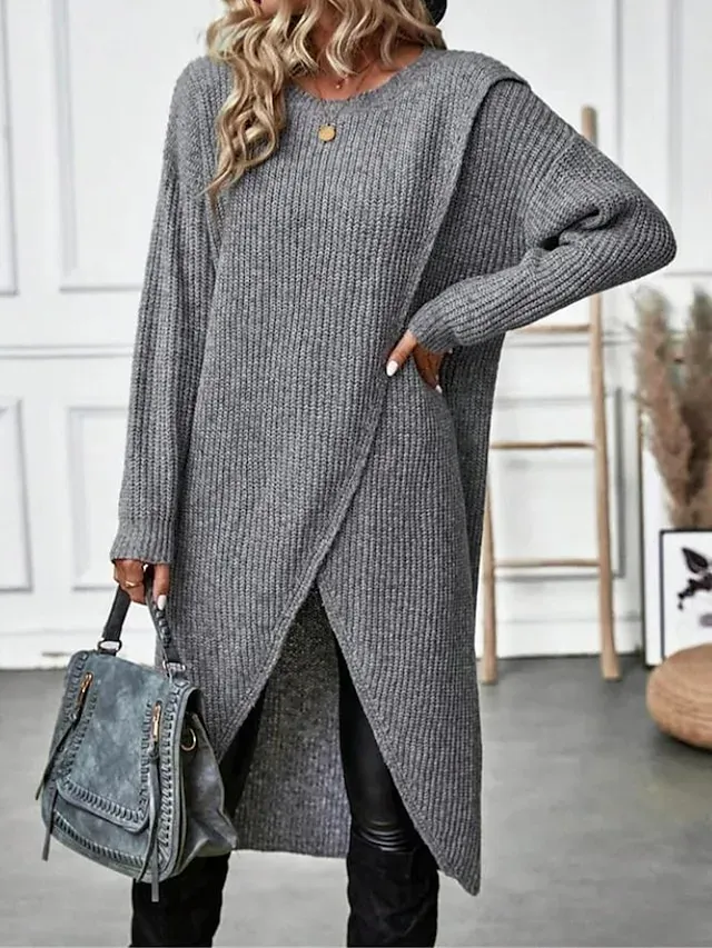 Women's Sweater Dress Knit Dress Jumper Dress Midi Dress Knitwear Warm Fashion Plain Outdoor Daily Going out Crew Neck Long Sleeve 2023 Regular Fit Black Wine Green S M L XL XXL 3XL