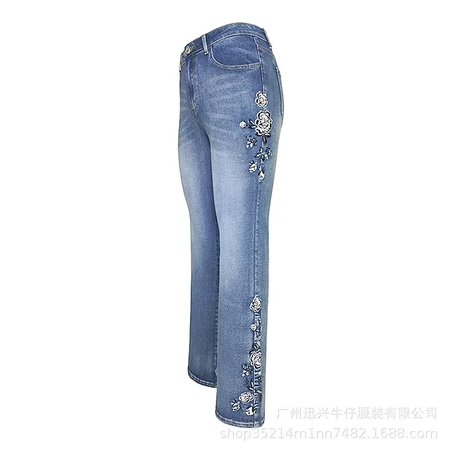 Women‘s Low Rise Jeans Bootcut Flared Pants Full Length Denim Embroidered Side Pockets Stretchy High Waist Fashion Casual Office Vacation Robin‘s Egg Blue S M