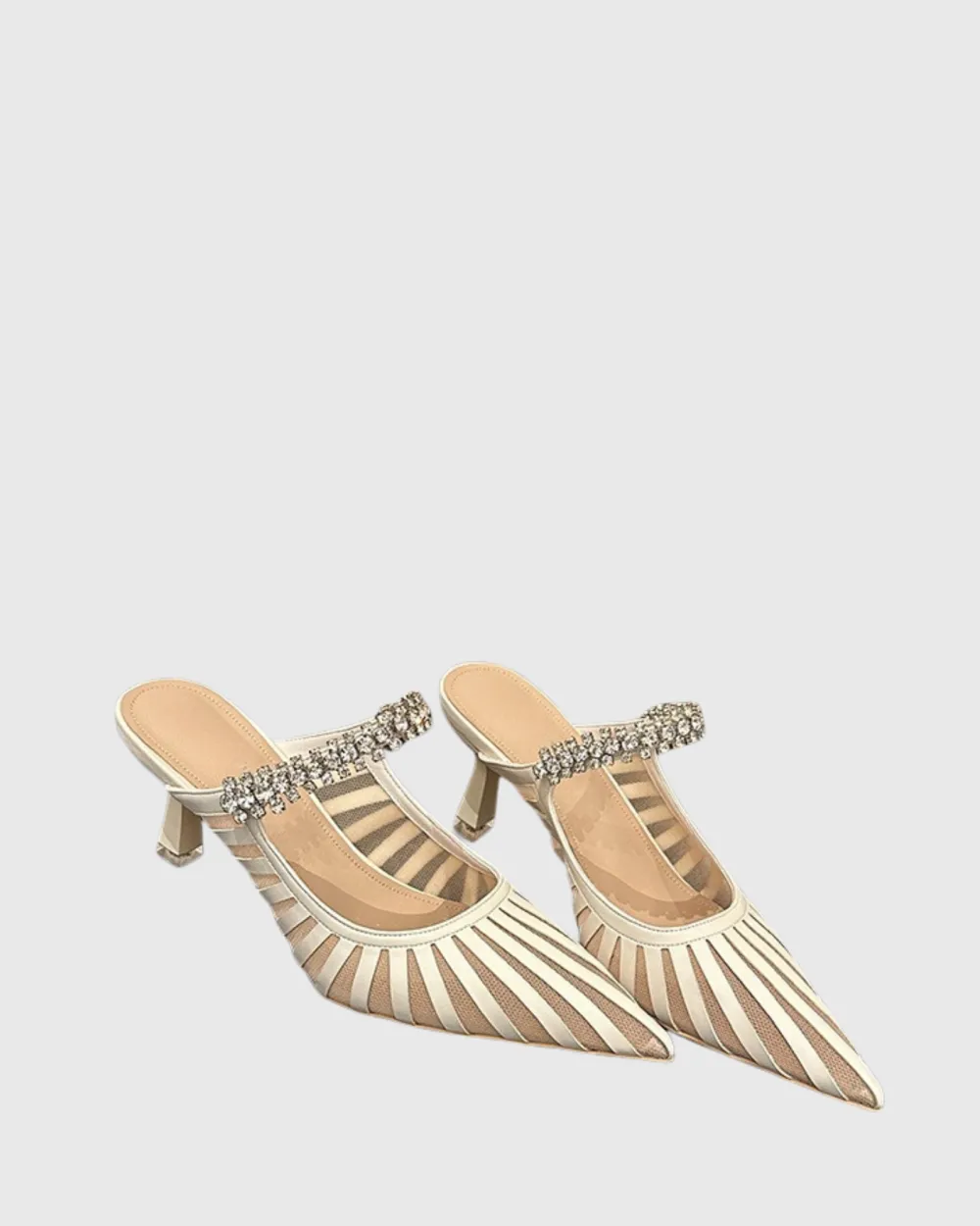 Stripe Diamente Strap Mules in Nude